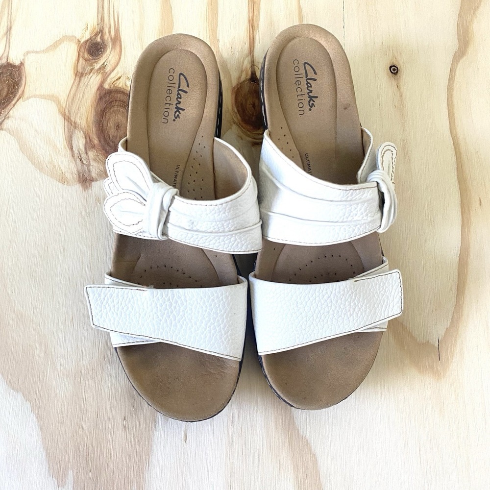 Clarks Collection Sandal Womens 9M Strappy White Leather Slip On Open Toe Casual